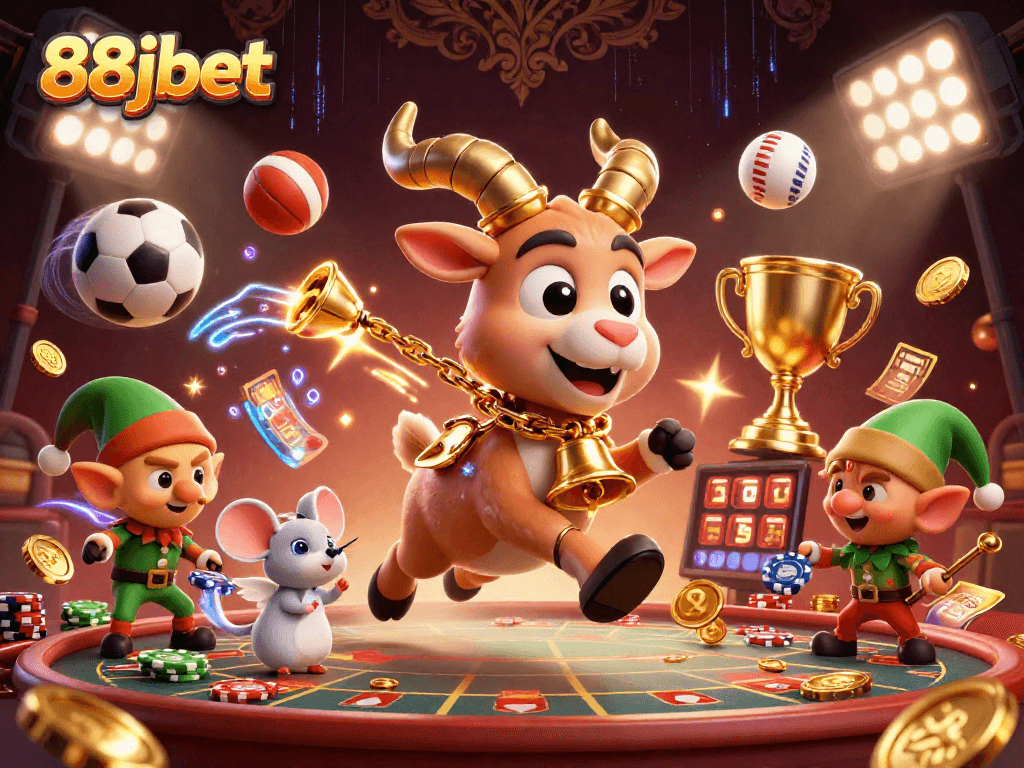 88jbet casino scene featuring a festive Krampus goat, angel mouse, and stealing gremlins amidst dynamic gaming elements.