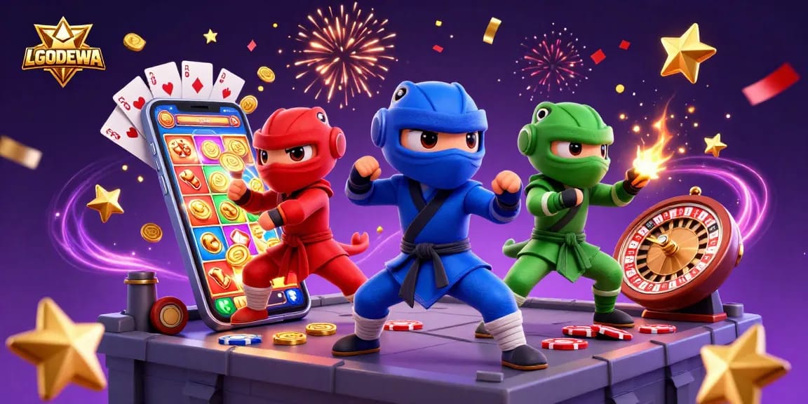 Join the vibrant team of LGODEWA's ninja chameleons as they celebrate winning on colorful slot games.