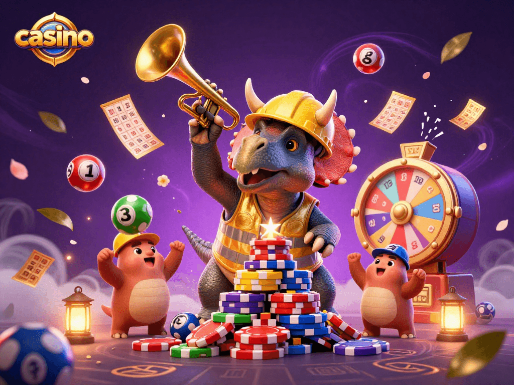 Build your casino dreams with a triceratops celebrating chip stacks amidst vibrant lottery elements.