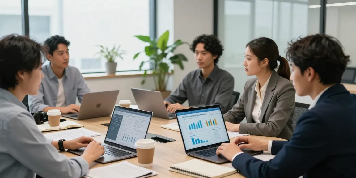 Team of small business owners discussing a merchant cash advance for small business in a modern office setting