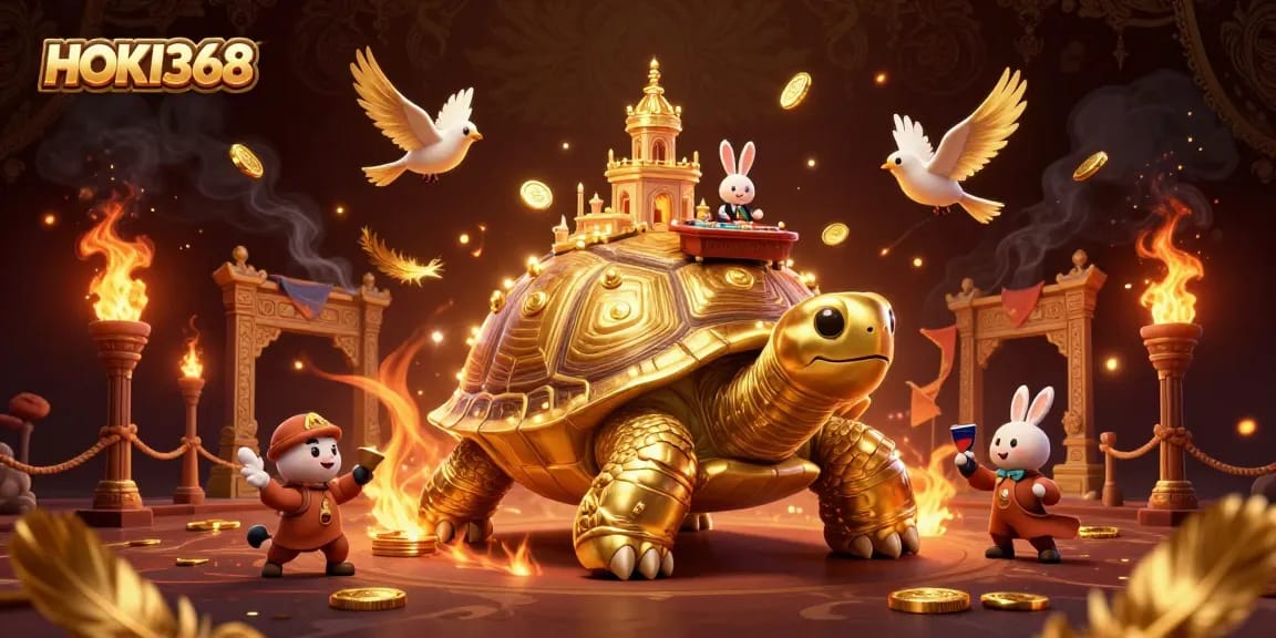 Experience HOKI368's vibrant casino scene featuring a golden tortoise and rabbit dealer.