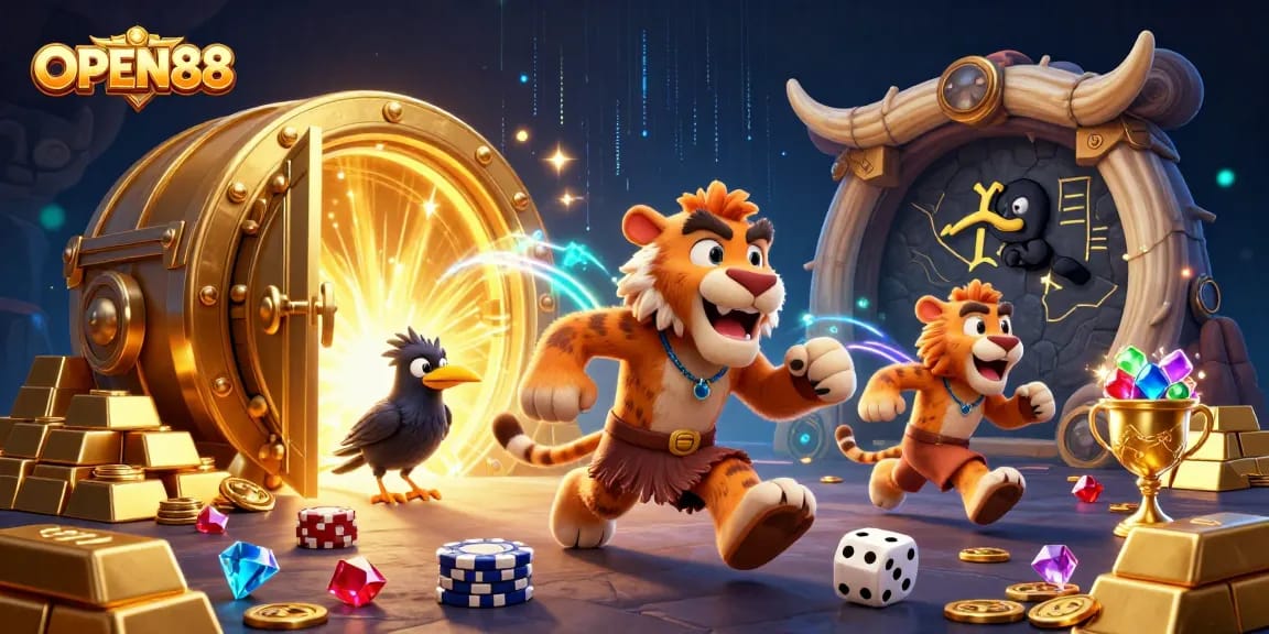 Engage with the exciting world of OPEN88 as a cartoon caveman and a sabertooth tiger run a prehistoric casino.