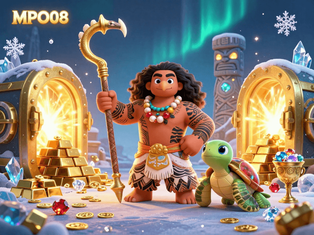 MPO08 offers dynamic casino experiences with a Polynesian demigod and treasure elements in an exciting illustration.