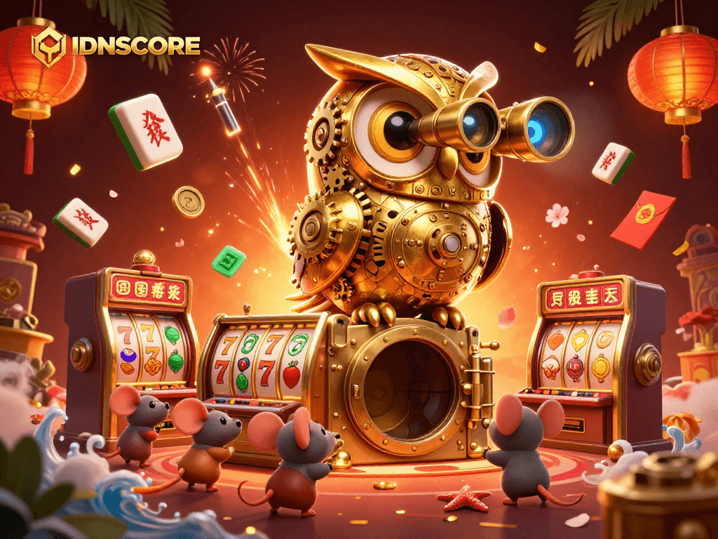 IDNSCORE offers exciting slot loyalty points with a dynamic casino atmosphere filled with gold and festive elements.