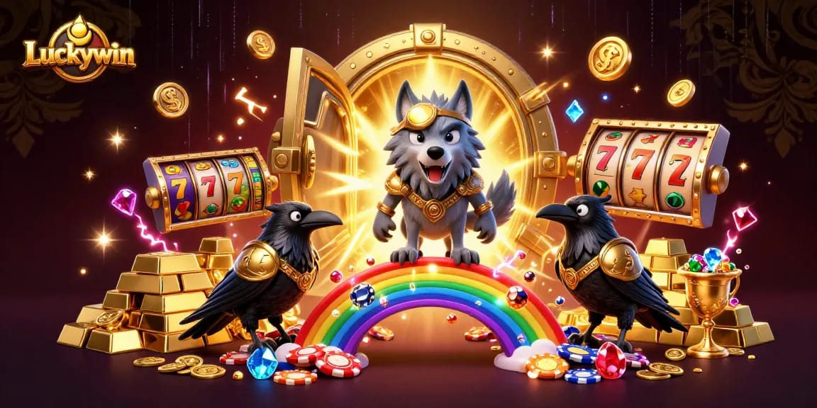 Luckywin features an Odin wolf and ravens before a vibrant casino world filled with treasures.