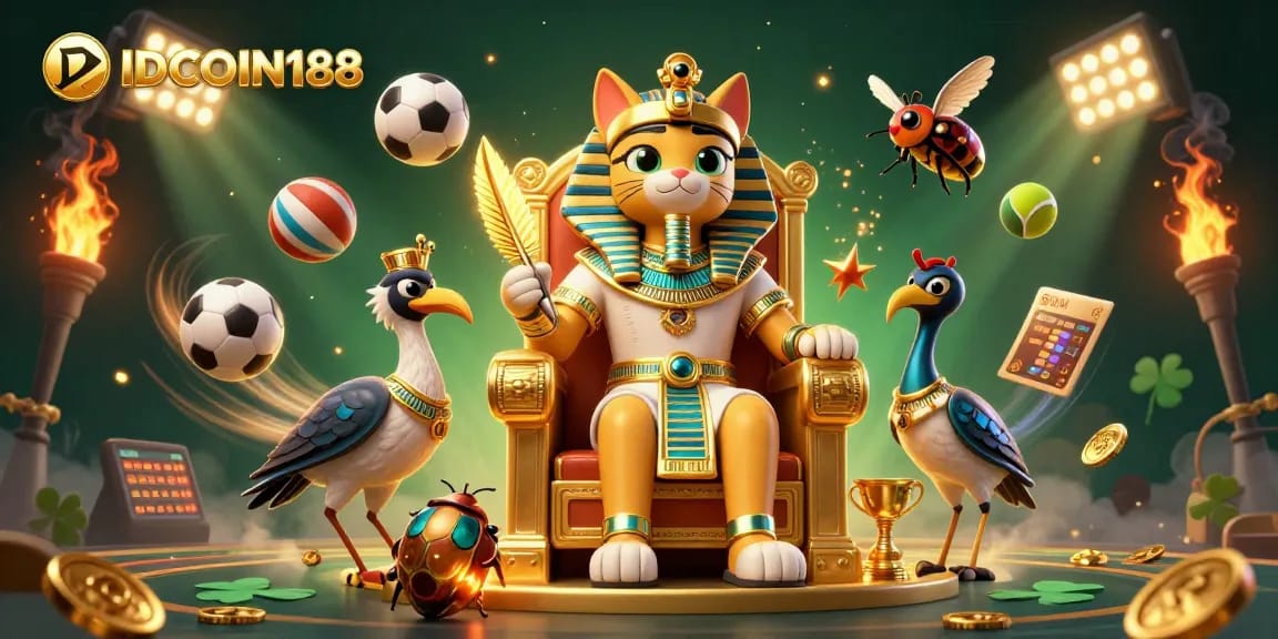 IDCOIN188 offers dynamic sports betting fun with a pharaoh cat, scribe, and thrilling game elements.