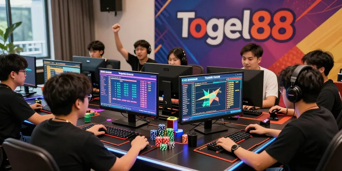 Togel88 Online gaming event with players celebrating wins at a digital lottery table, showcasing an engaging and vibrant atmosphere.