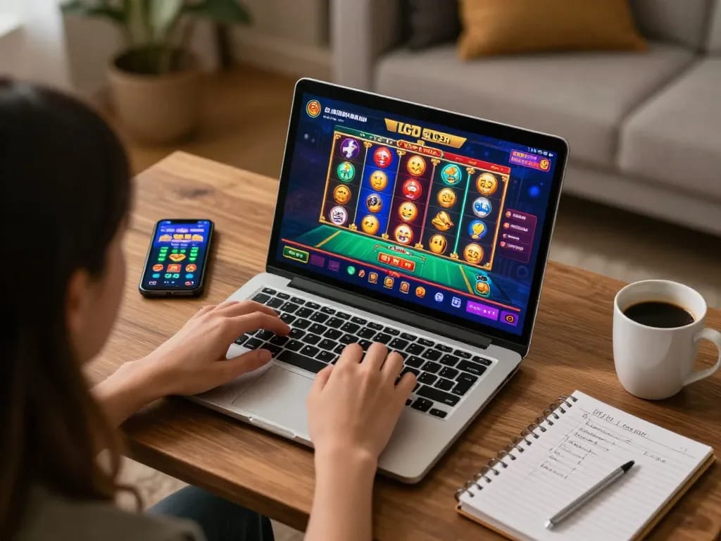 A player engrossed in LGO SUPER online game on a laptop, showcasing a cozy gaming environment and strategic notes.