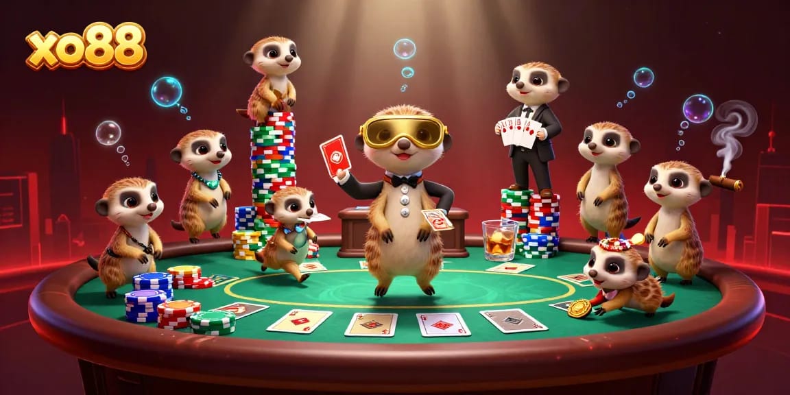 Experience thrilling action at the xo88 casino with meerkats running the tables and guarding the chips.