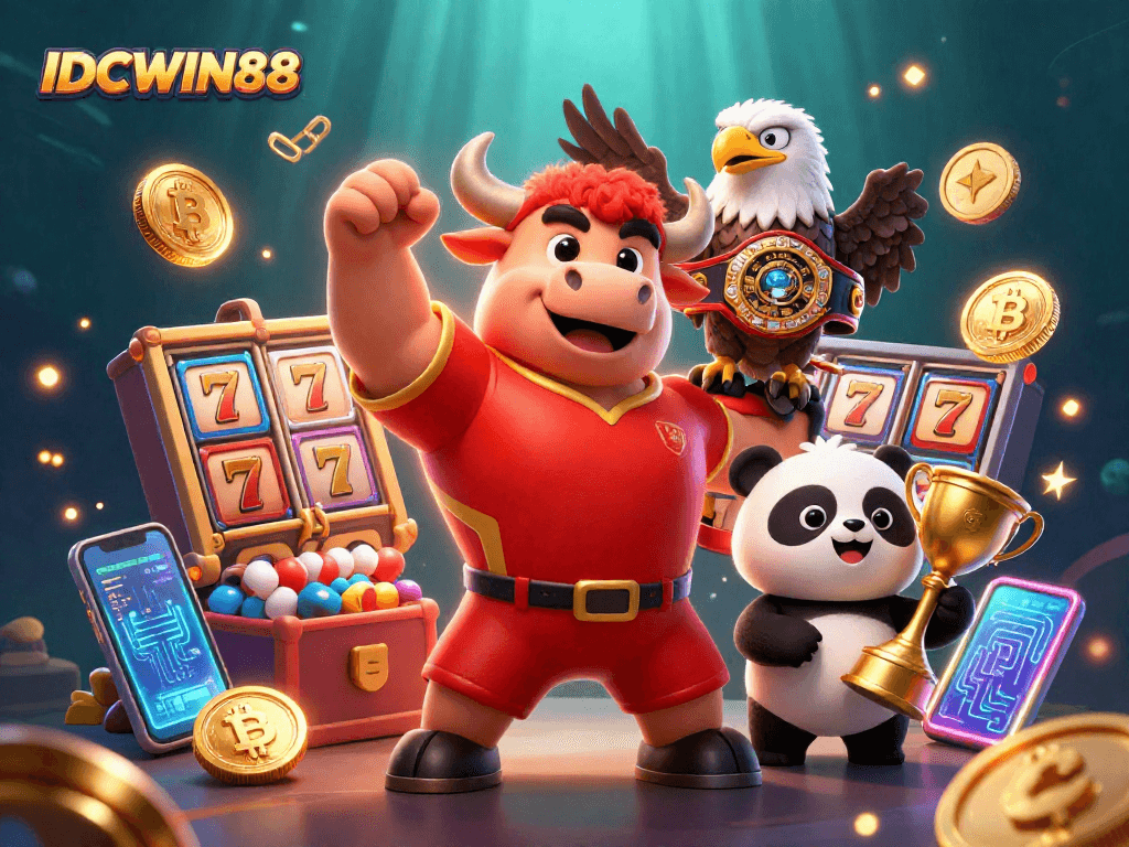 Engage with IDCWIN88's thrilling gaming experience showcasing fun characters, vibrant casino elements, and winning opportunities.