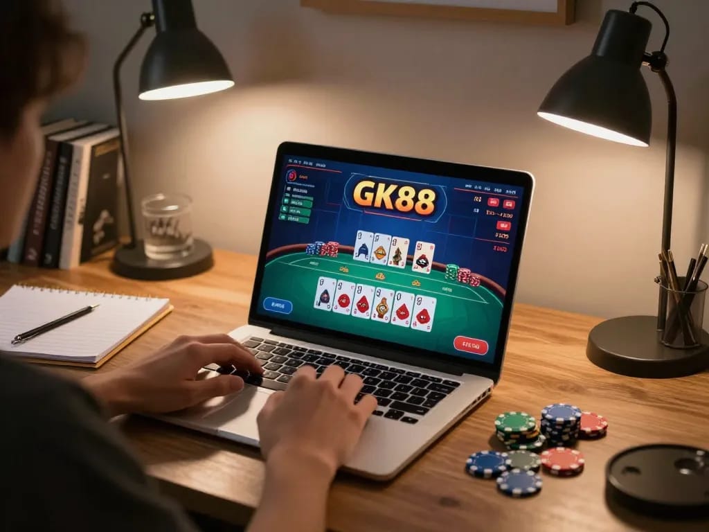 Engaging player strategizing on GK88 online poker game while taking notes in cozy home environment.