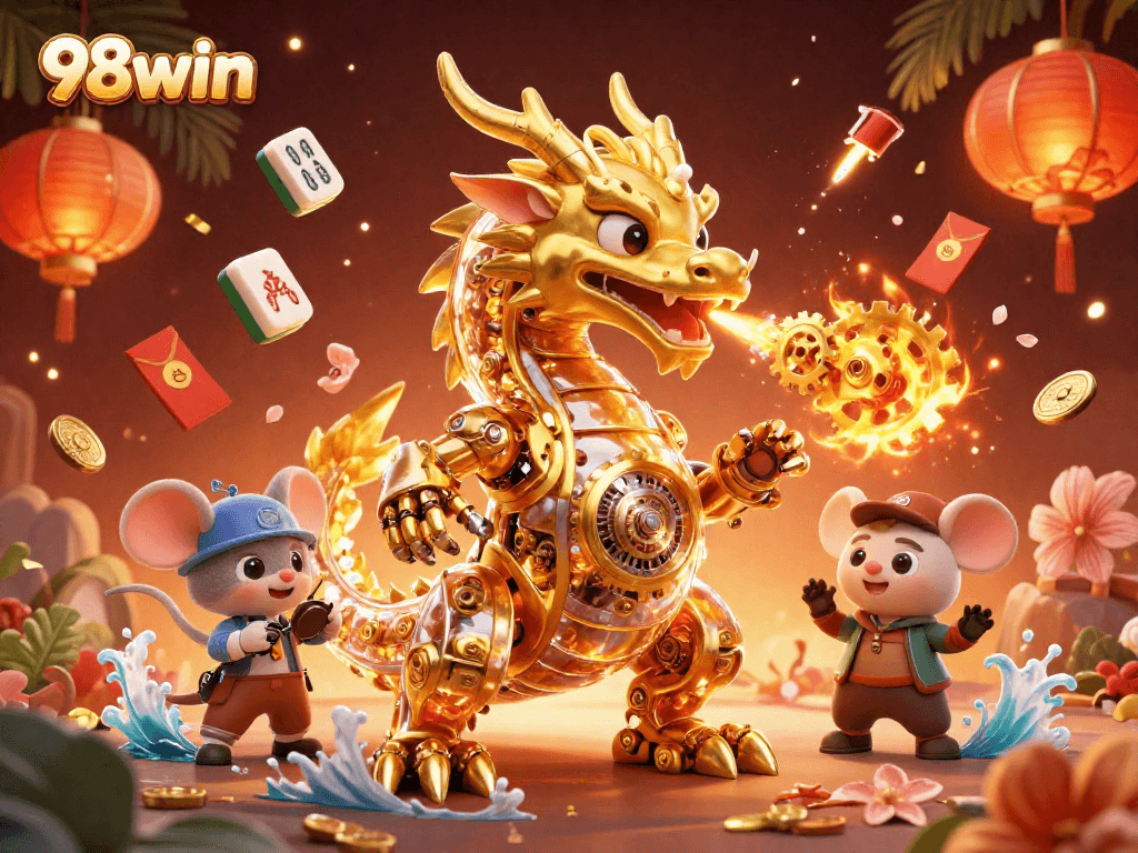 Experience the thrill at 98win with a vibrant 3D casino scene featuring a golden dragon.