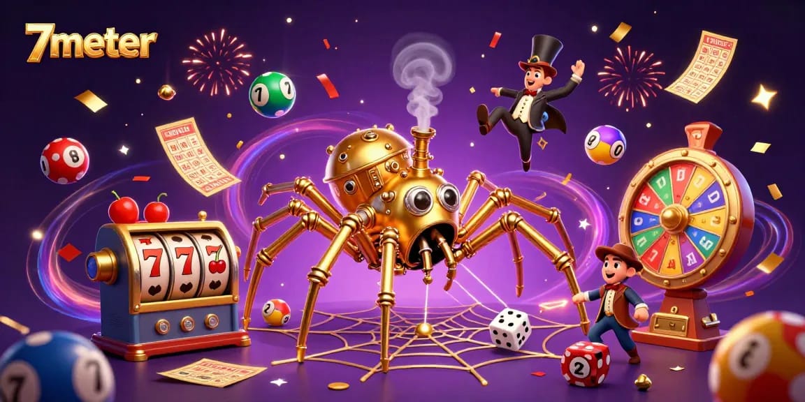 Spin winning slots with 7meter's vibrant 3D casino scene full of dynamic lottery elements.
