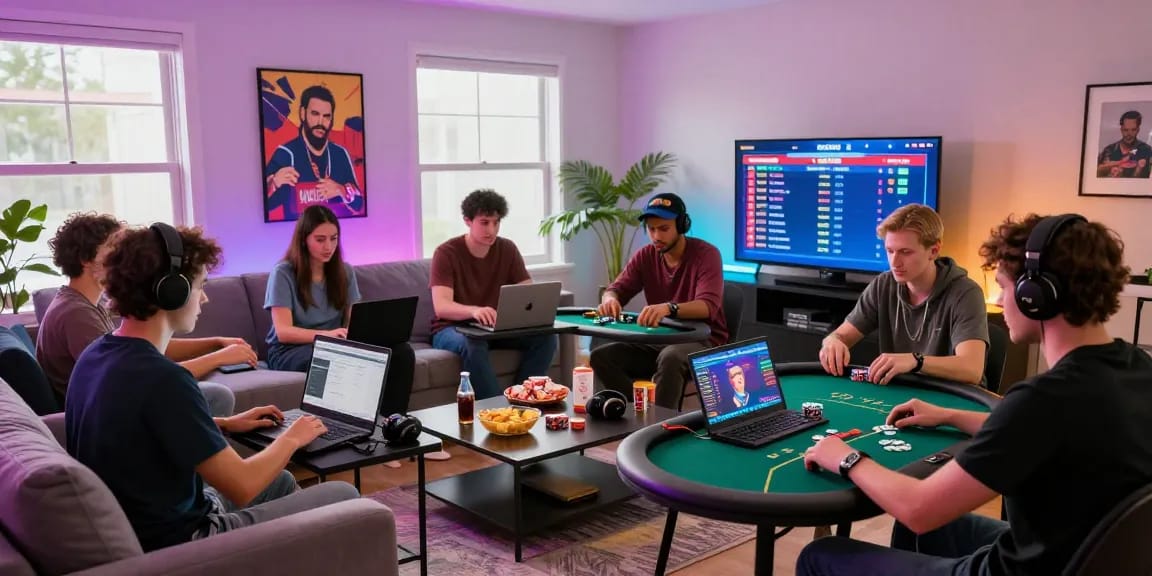 DewaPoker players engaged in an exciting online poker game in a vibrant living room setting.