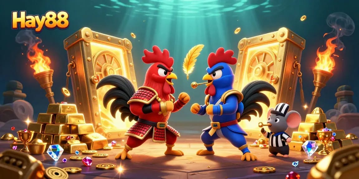Engage with the Hay88 online casino featuring dynamic fighting roosters amidst glimmering treasures and effects.