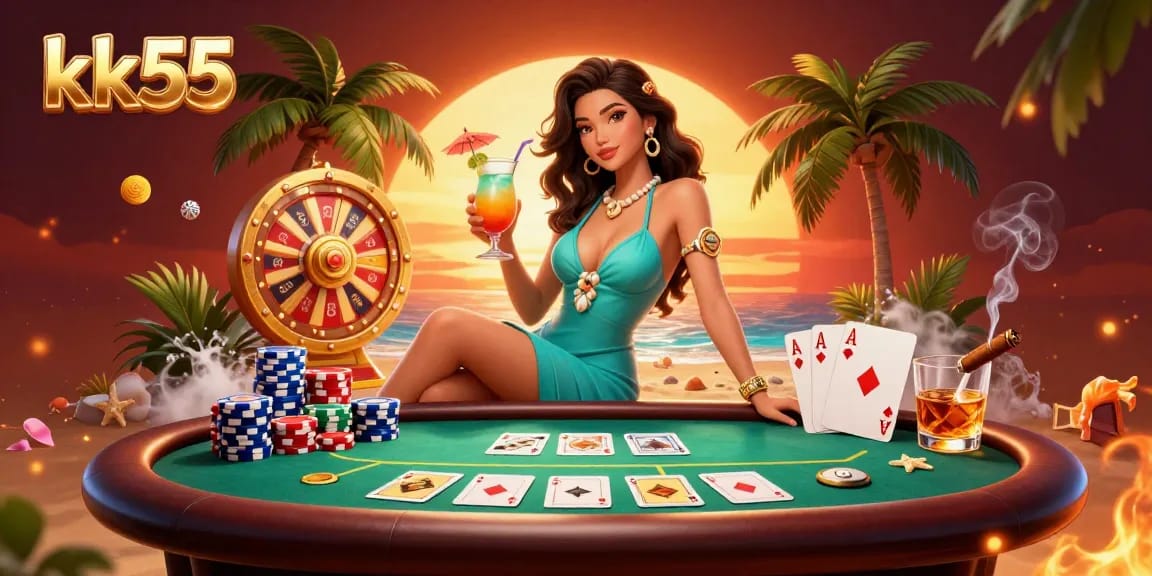 Engage with elite gambling at kk55 showcasing poker excitement amidst a glamorous tropical resort backdrop.