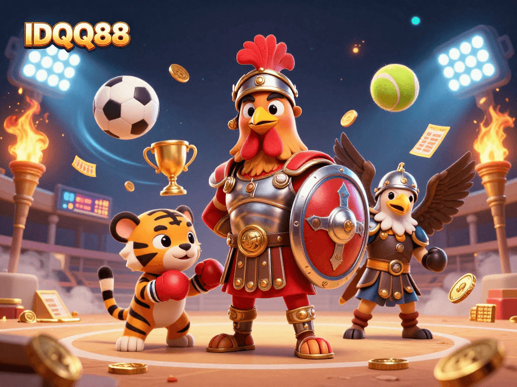 IDQQ88 showcases an exciting gladiator rooster with sports elements in a vibrant casino arena