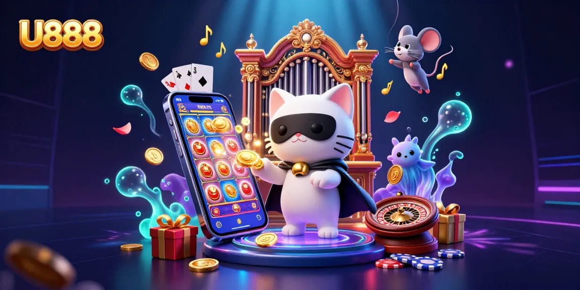 U888 elevates excitement in this 3D illustration featuring casino elements and lively characters.