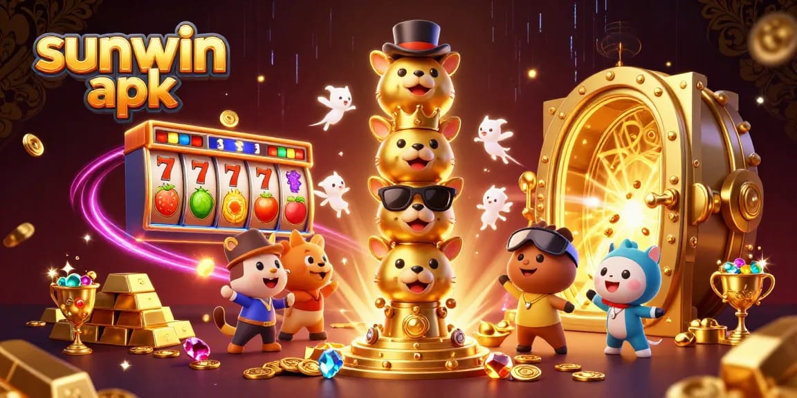 Experience the thrills of sunwin apk with vibrant slot reels and golden treasures in a dynamic casino scene.