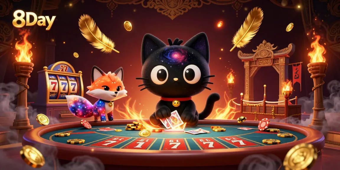 Play vibrant casino games including 8Day's winning slots and golden tokens in an animated scene.