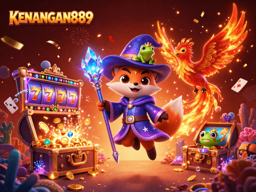 Experience the magic of KENANGAN889 in this vibrant slots-themed illustration featuring mystical characters and gold.