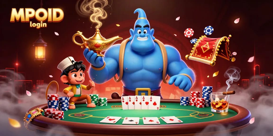Experience the thrill of MPOID login with our engaging 3D casino scene featuring vibrant poker elements.