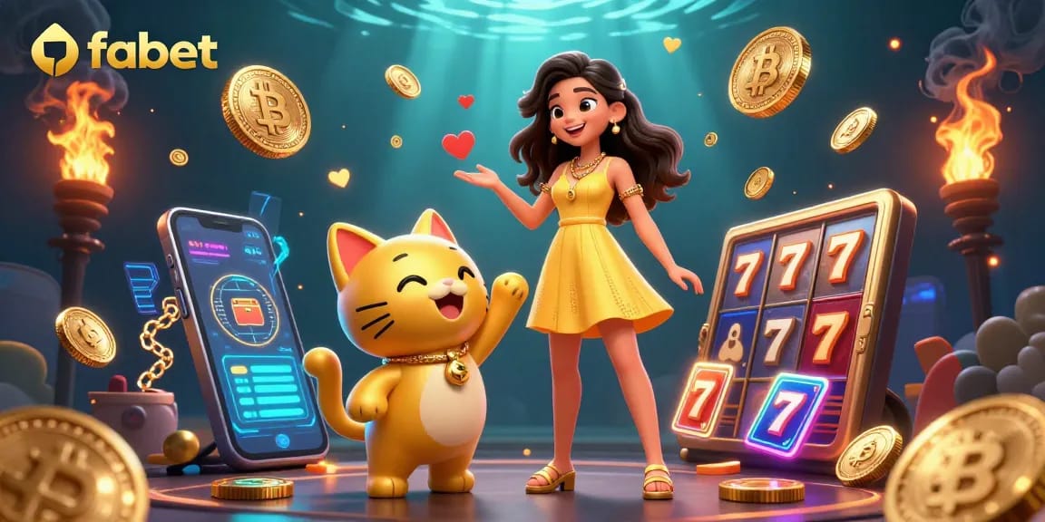Engage with fabet through an enchanting 3D illustration showcasing vibrant casino elements, golden lucky charm, and crypto features.