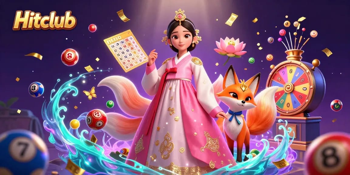 Hitclub offers an engaging visual of an Asian woman in a hanbok celebrating a lively lottery atmosphere.