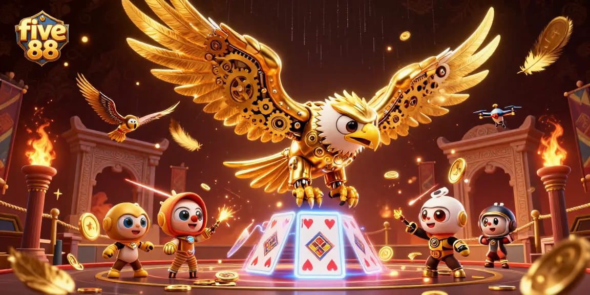 Experience the thrill of winning at five 88 with dazzling holographic cards and a cybernetic eagle.