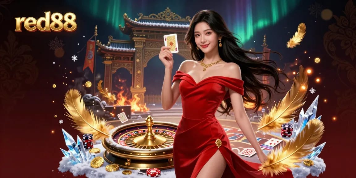 Experience thrilling gaming action at red88 with a beautiful young Asian dealer beside a golden roulette wheel.