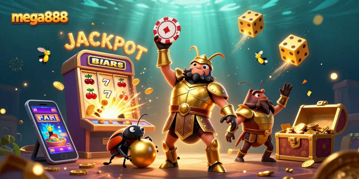 Experience the mega888 jackpot with a 3D beetle champion and vibrant casino elements!