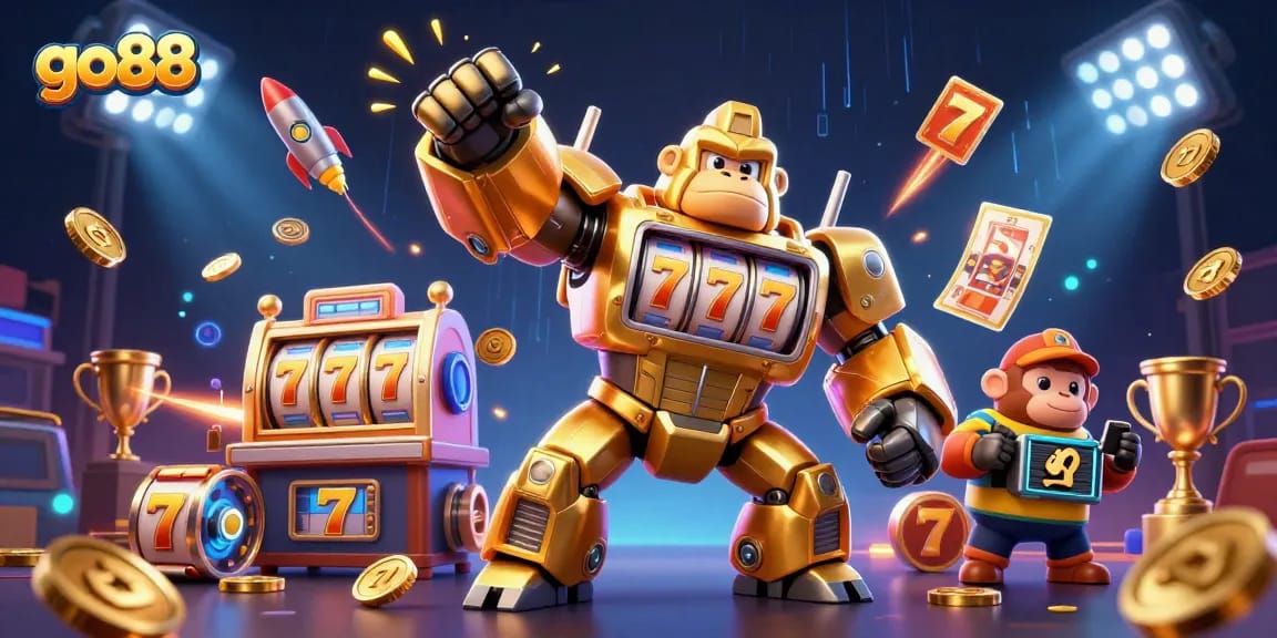 Experience thrilling gameplay at go88 with unique golden gorilla mech action in this dynamic casino illustration.
