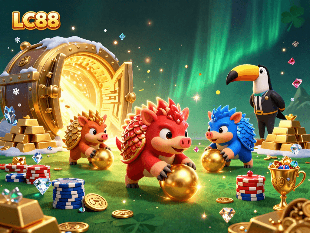 LC88 pangolins bowling through poker chips in vibrant, dynamic 3D casino scene