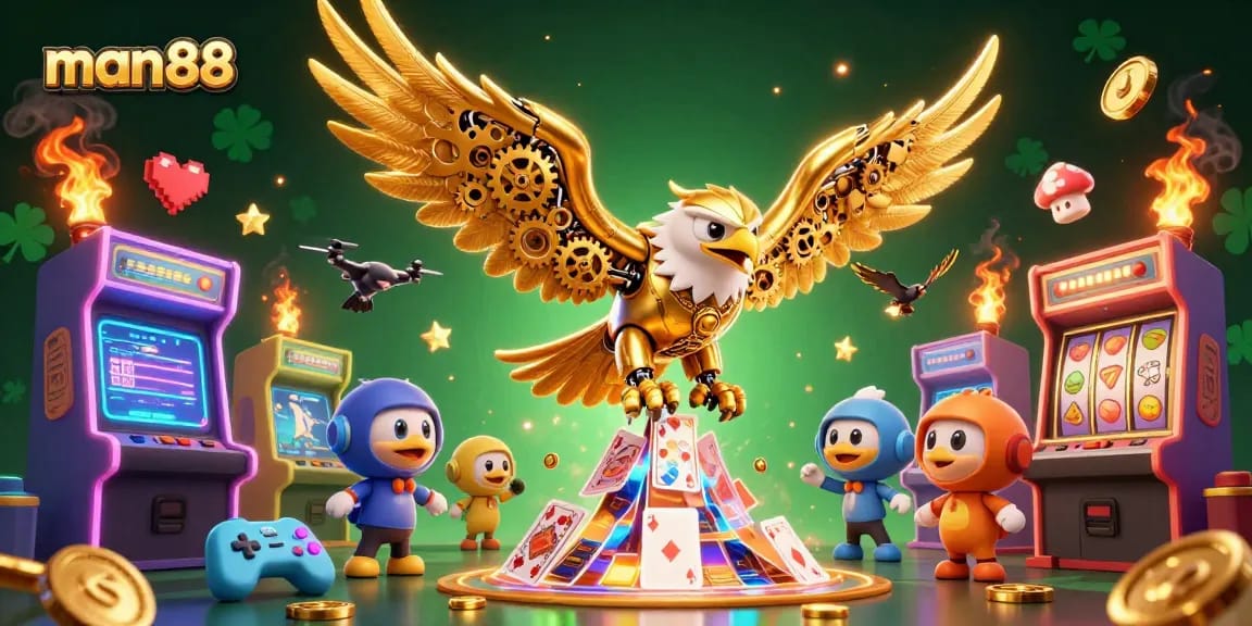 Experience thrilling gameplay with man88's vibrant 3D casino scene featuring a cybernetic golden eagle.