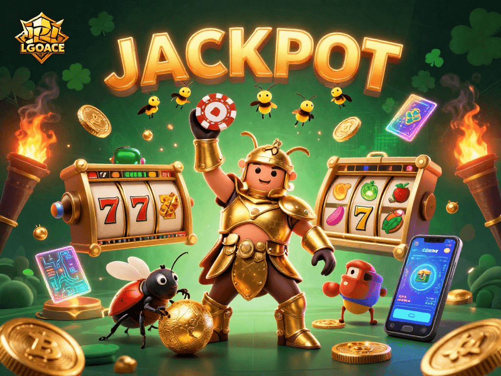 Engage with LGOACE's vibrant slots experience featuring a victorious beetle and jackpot symbols.