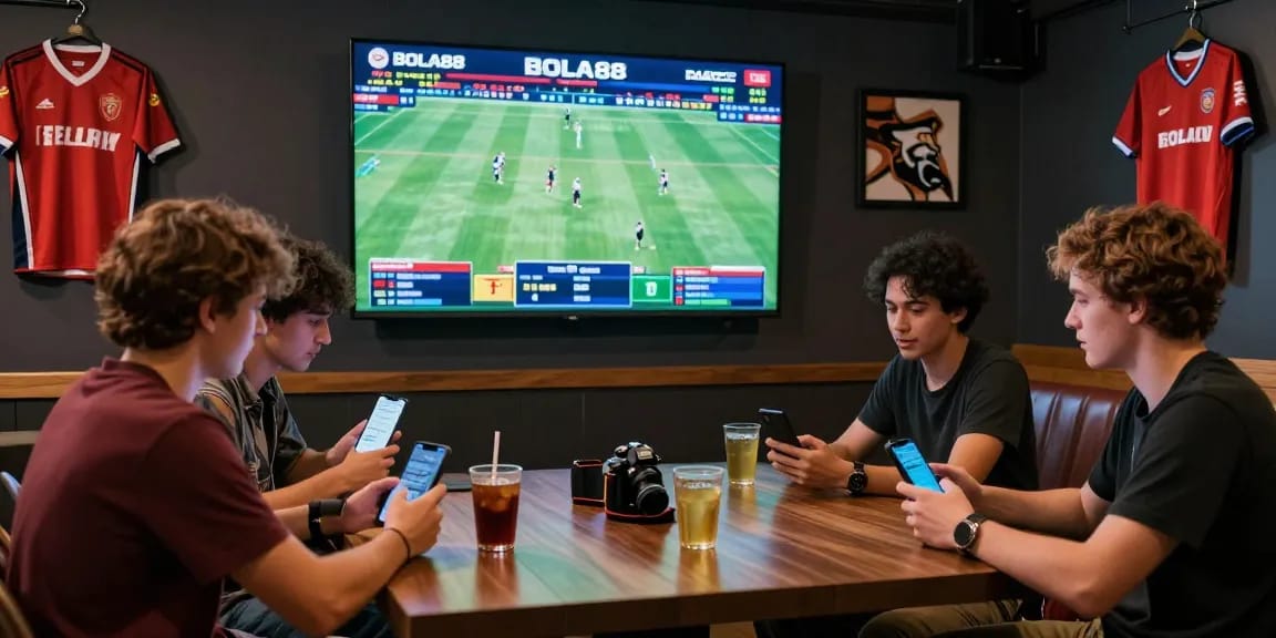 BOLA88 live sports betting scene with friends cheering and wagering.