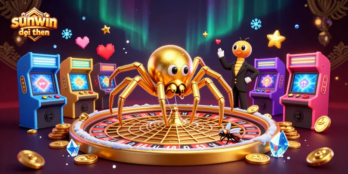 Experience the excitement of sunwin game đổi thưởng with a vibrant 3D illustration featuring a golden spider and dynamic arcade elements.