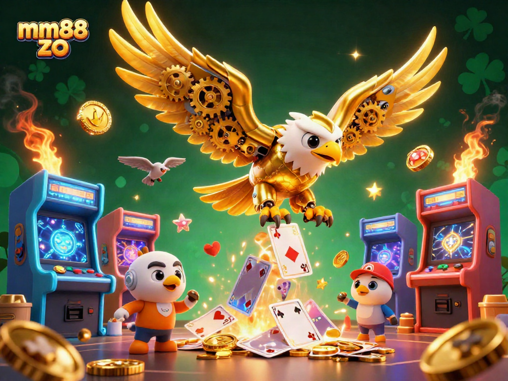 Engage with mm88 zo featuring a cybernetic golden eagle diving through holographic cards amidst glowing arcade games.