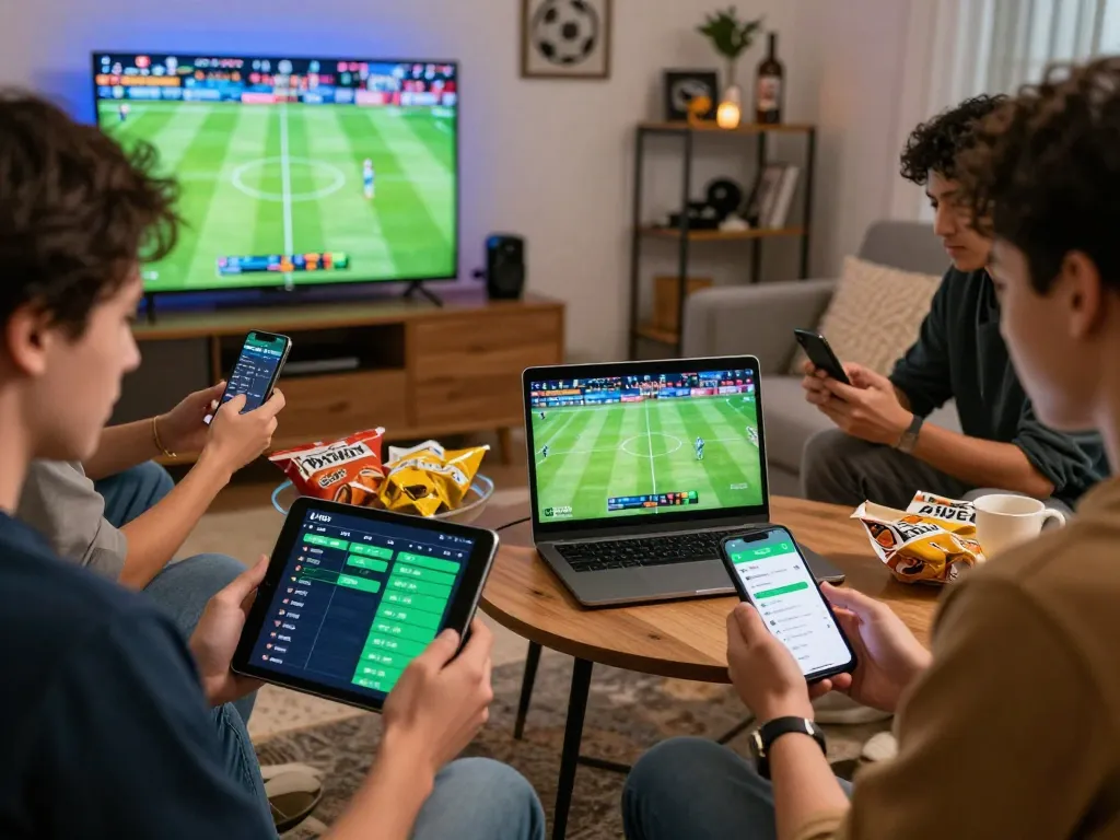 Friends using the Myfairplay app for a fun sports betting session in a lively living room.