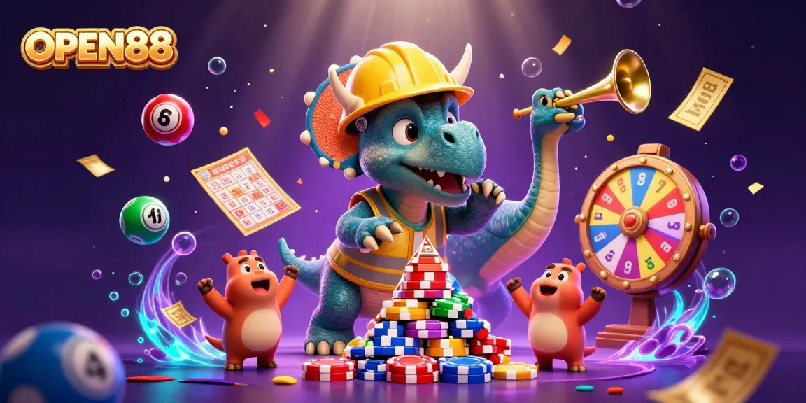 Experience the thrill of OPEN88 with vibrant gaming visuals and a celebration of casino elements.