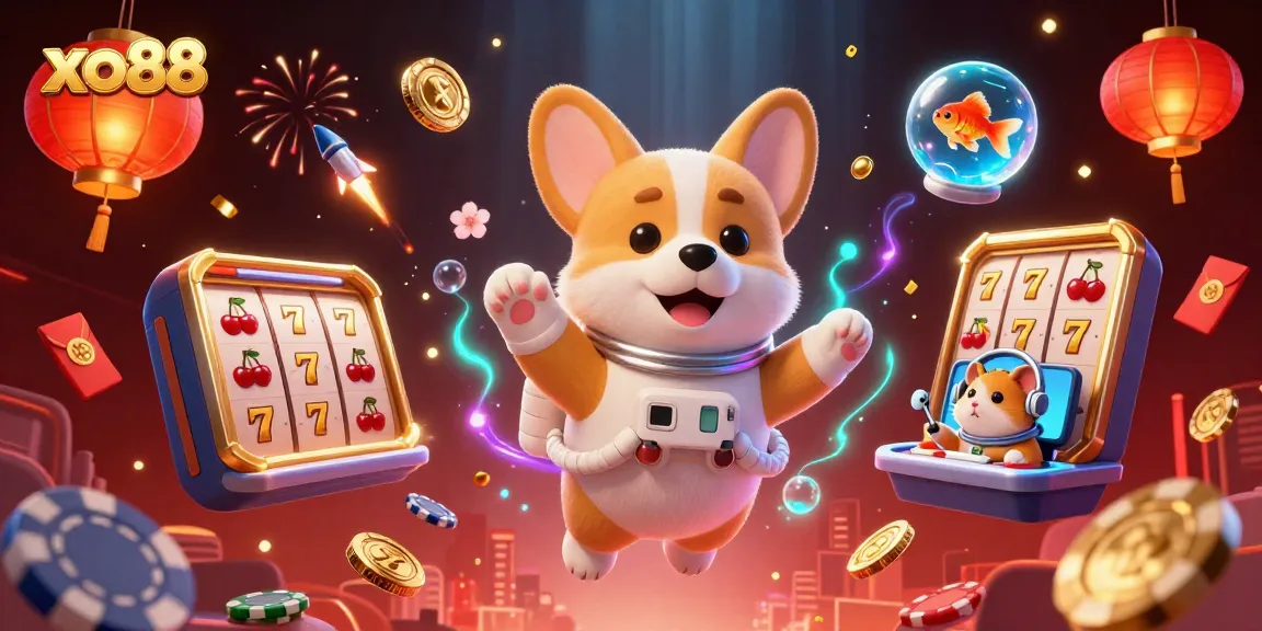 Experience the excitement of xo88's floating casino scene with a cosmic twist, featuring vibrant slot elements.