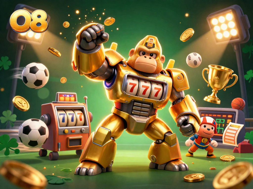 Experience thrilling action with O8's vibrant entertainment scene filled with slot machines, sports, and winning moments.