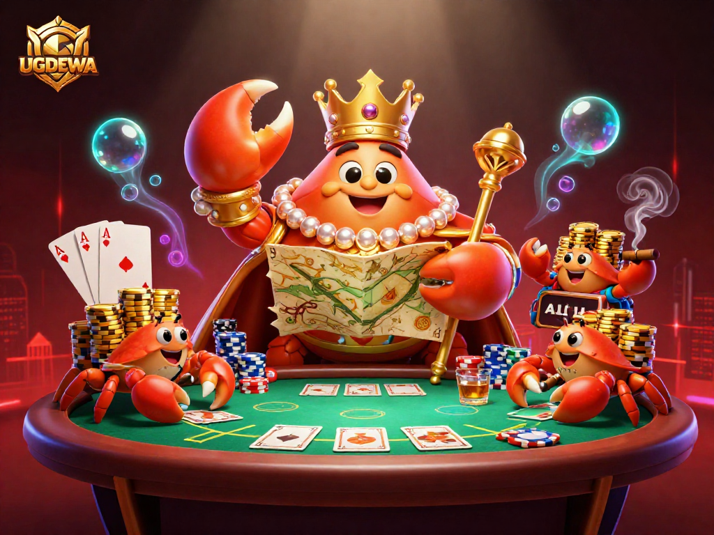 Engage in exciting poker games on UGDEWA with a vibrant crab emperor and golden chips.