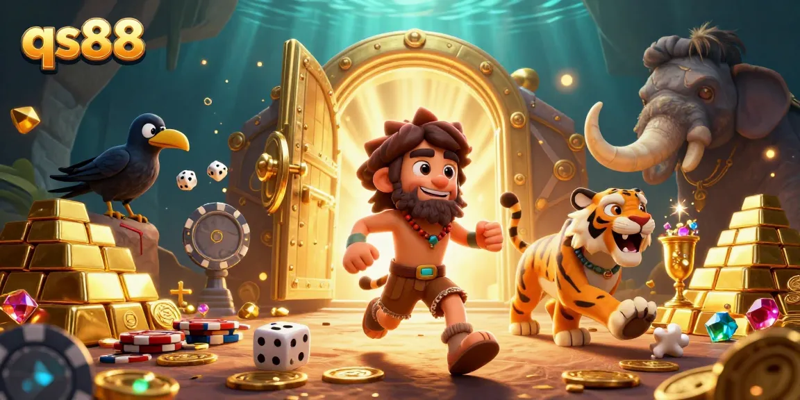 Experience the thrilling adventure at qs88 with a lively prehistoric casino scene featuring a caveman duo and treasure.