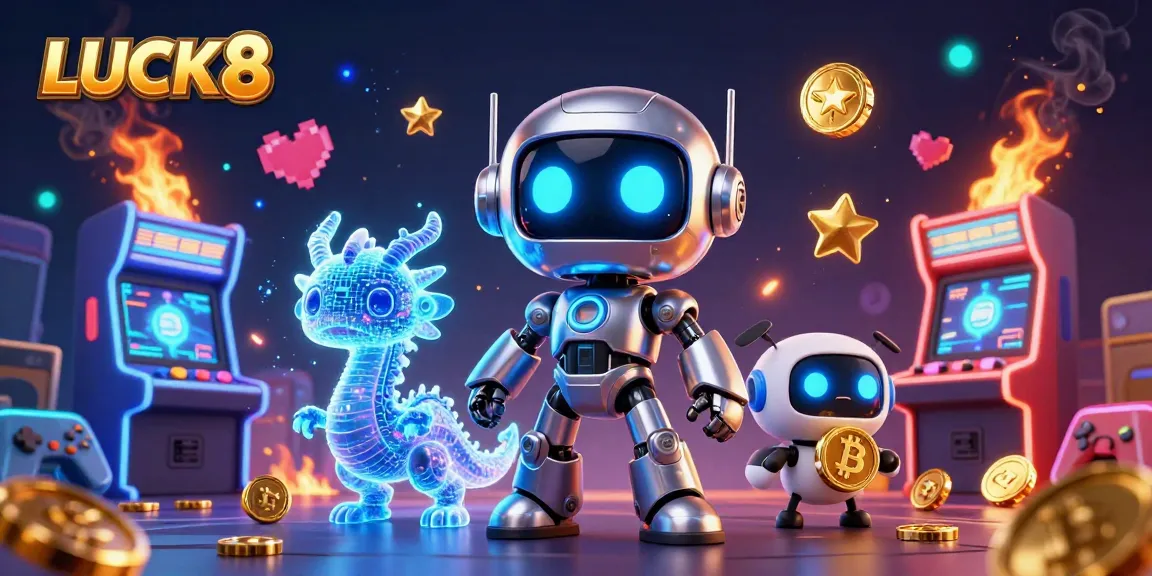 Experience LUCK8's engaging casino atmosphere with a vibrant characters and gaming elements in a digital illustration.