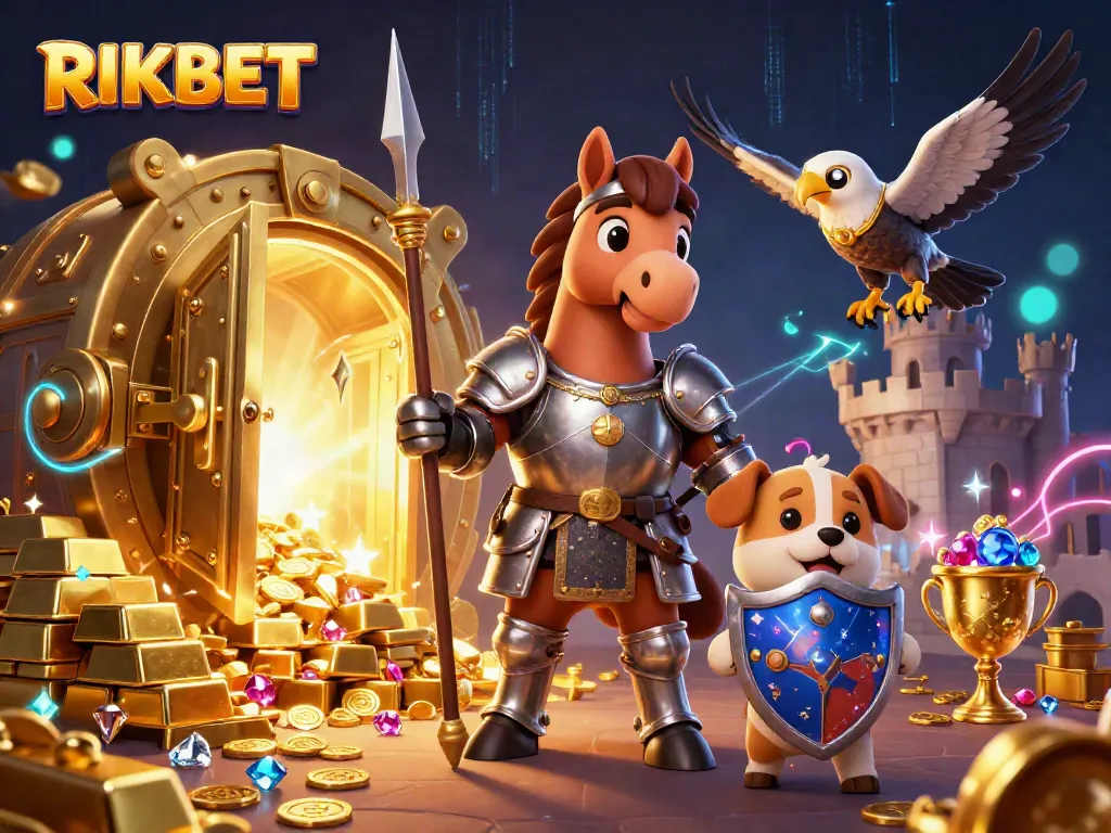 Experience the excitement of RIKBET with a knight, puppy, and falcon amid treasures