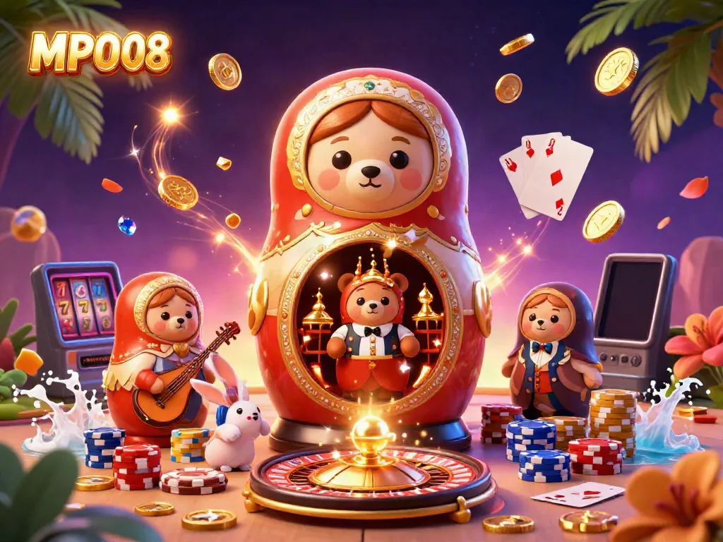 Experience the MPO08 thrill with energetic casino-themed 3D illustration showcasing Matryoshka bears and vivid game elements.