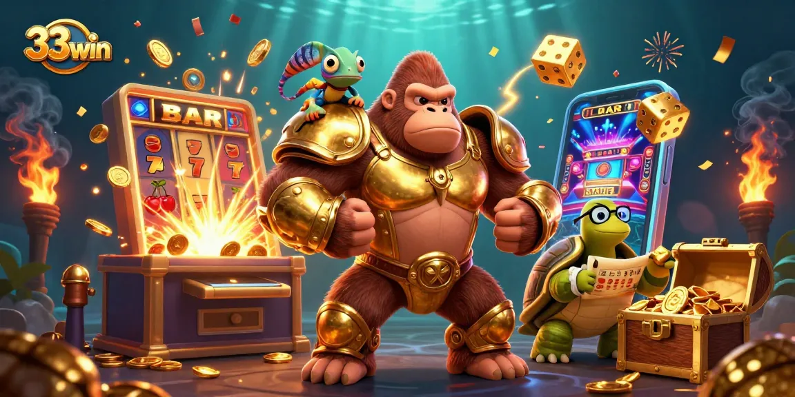 Experience exciting gameplay at 33win, showcasing thrilling slot machines, vibrant colors, and dynamic characters.