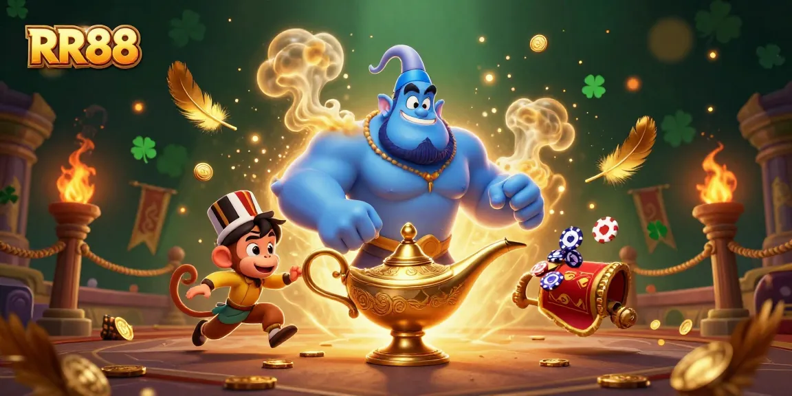 Experience the magic of RR88 with a powerful genie, poker chips, and exciting casino elements.
