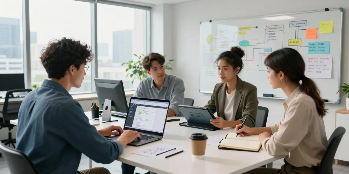 Build internal tools with AI in a vibrant, collaborative workspace scene showcasing diverse professionals brainstorming and developing technology.